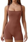 Tanou Yoga Romper Square Neck Built-in Bra Top High Stretch Unitard Short Jumpsuit Outfit, Coffee S