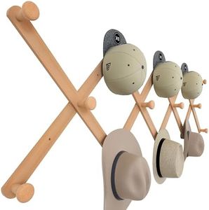 SKOLOO Large Hat Rack for Wall, Wooden Accordion Wall Hanger, Modern, Expandable Coat Hooks, Hat Display Rack for Home, Office, and Studio, 14 Peg, Natural