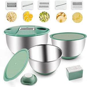 weltonhm Mixing Bowls Set of 3 Stainless Steel Bowl with Lids Set, Nesting Bowls with Graters Airtight Lids for Cooking, Baking, Prepping(Green)
