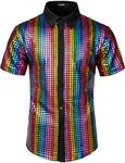 JOGAL Men's Dress Shirt Sequins Button Down Short Sleeve Shirts 70s Disco Party Costume Medium Multicolor