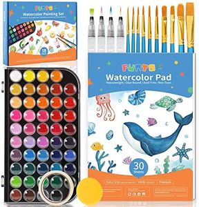 Funto Watercolor Set, 48 Color Paint Set, 10 Brushes, 4 Refillable Water Brush Pens, 30 Page Pad(9"x12"), Masking Tape, Sponge, Palette, Painting Kit for Kids, Adults, Beginners