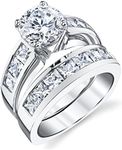 (9) - Sterling Silver Bridal Set Engagement Wedding Ring Bands with Round and Princess Cut Cubic Zirconia