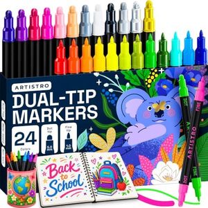 ARTISTRO 24 Acrylic Paint Pens for Fabric, Rock, Wood, Glass – Easter Decoration & Crafts – Dual Tip (Dot & Fine) Paint Markers for Adults, Teens, Kids - Art Supplies