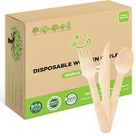 Wooden Cutlery Set Disposable, 300Pcs Compostable Natural Wood Cutlery with 100 Forks 100 Spoons 100 Knives, Alternative Plastic Cutlery, 100% Biodegradable Wooden Utensil Set for Party Wedding Dinner