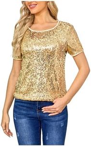 Wellotus Women's Sparkly Sequin Top Blouse Glitter Cocktail Party Costume Tee-Shirt Glitzy Night Out T-Shirts (M, Gold)