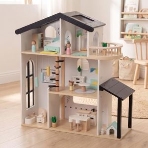 Wooden Dollhouse for Girls, Doll House with 5 Rooms Play Toys