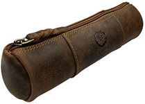 RUSTIC TOWN Leather Pencil Case Holder - Pen Pencil Pouch for Office & School - Zipper Stationary Utility Bag Pencil Kit for Girls, Boys & Kids (Brown)