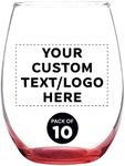 Custom Stemless Wine Glass 9 oz. Set of 10, Personalized Bulk Pack - Great for Wedding Favors, Bachelorette Party Decorations, Party Favors, Color Bottom - Red