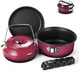 Odoland 5pcs Camping Cookware Mess Kit, Non-Stick Lightweight Pot Pan Kettle Set with a removable handle - Perfect for Backpacking, Camping, Hiking, and Picnic Red