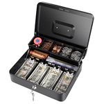 Cash Box with Lock and Money Tray Metal Money Box with Lock for Cash Large Lock Box for Money 11.8 x 9.4 x 3.54 Inches 2 Tiers Black