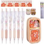 Idealmuzik Kawaii Bear Pencil Case Set Include 1 Clear Large Pencil Pouch,6 Mechanical Pencil with 3 Tubes 0.5 mm Pencil Refill,2 Cute Cartoon Erasers and 1 Ruler, School Supplies Gift for Girls