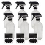 Cornucopia Brands 16-Ounce Clear Glass Spray Bottles w/Heavy Duty Sprayers (6-Pack); 3-Setting Spray Tops w/Boston Round Bottles & Chalk Labels