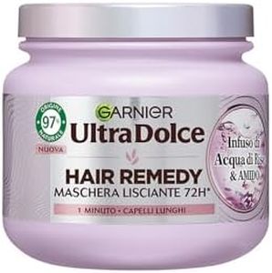 Garnier Ultra Dolce Maschera Lisciante, Per Capelli Lunghi, Effetto Illuminante, 1 Minuto di Posa, Con Infuso di Acqua di Riso & Amido, 97% di Origine Naturale, Senza Siliconi, Hair Remedy, 340 ml
