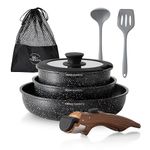 Kitchen Academy Non Stick Cookware Set, 10 Piece Granite-Coated Induction Pots and Pans Set with Detachable Handle, Stackable RV Cooking Set for Camping, Camp, Black