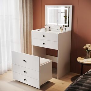 ELEGANT Dressing Table Makeup Vanity with Hidden Sliding Stool, Vanity Table with Mirror Lights and Multi Drawers, Girls Kids Women Make up Vanity, 2-in-1 Use Vanity Desk Bedroom Furniture, White