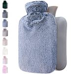 Qomfor Hot Water Bottle with Fluffy Cover - Soft Premium Faux Fur Cover - 1.8l Large Capacity - Hot Water Bag for Cosy Nights, Pain Relief, Back, Neck and Shoulders - Great Gift for Women (Blue)