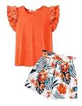 Arshiner Girls Sleeveless Clothing Sets Summer Outfit Orange T-Shirt with Shorts Clothing Set Kids Leisure Suit Fashion Top Two Piece Sets Girls Clothes with Pockets 9-10 Years