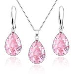 Linawe Pink Jewelry Sets for Women, Crystal Pendant Necklace Set Silver, Imitation Diamond Rhinestone Cubic Zirconia Birthstone Teardrop Dangle Drop Earrings, Matching Necklace Wedding Earring Set