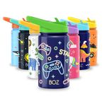 BOZ Kids Insulated Water Bottle with Straw Lid, Stainless Steel Vacuum Double Wall Water Cup, 14 oz (414ml). Scratch-Resistant Cute Print and Carry Handle, BPA-Free and Dishwasher-Safe (Game)