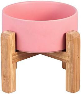 HCHLQLZ Rosa Ceramica Comedero Elevado Perro y Comedero Gato - 850 ml - En un Elegante Soporte de bambú - También Adecuado para Perros Grandes/Grandes felinos