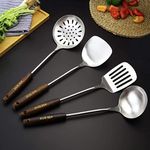 Primetan 304 Stainless Steel Steel Combo of 4 Utensils Set Spatula & Ladle, Slotted BBQ Turner, Perfect for Ladling Soup, Grilling, Scraping, Mixing Scrambled Eggs, Comfortable Bamboo Handle