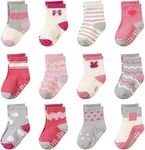 AMENLAN Toddler Non Slip Grips Socks Kids Anti Skid Baby Boys Girls Cotton Crew Socks 12 Pairs (Gray Stripe, 1-3 Years)