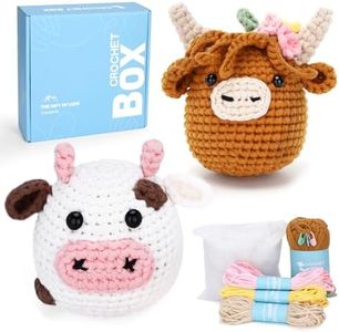 CROCHET BOX Crochet Kit for Beginner, Highland Cow and Cow Learn How to Crochet Stuffed Animals Amigurumi Gift for Adults and Kids(12+), Knitting Set with Yarn Hook Stitch-by-Stitch Video Tutorial