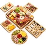 Charcuterie Boards Deluxe Gift Set - 23 Pieces, Bamboo - Large Cheese Board Plus Fruit Tray for Birthday Party Present w/ Utensil Drawer, Knives, Forks, Condiment Dishes, Chalks & Wine Opener