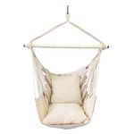 Highwild Hammock Chair Hanging Rope Swing - Max 500 Lbs - 2 Cushions Included - Steel Spreader Bar with Anti-Slip Rings - for Any Indoor or Outdoor Spaces (Beige)