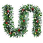 Christmas Garland with Lights, Pre-lit 9FT Battery Operated Pine Garland with 30 LED Lights, Red Berries, Artificial Flocked Garland Christmas Decorations for Indoor and Outdoor Holiday Decorations