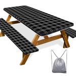 Picnic Table Cover with Bench Covers 3 Pcs Waterproof Windproof Camping Tablecloth with Drawstring Bag, Fitted Rectangle Tables and Seats, 72in, Black Checkered