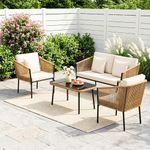 DEVOKO Outdoor 4 Seater Rope Sofa Set with Comfortable All Weather Resistant Cushions and Glass Top Center Table for Garden, Patio, Poolside Area (Beige &Off-White)