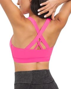 RUNNING GIRL Sports Bra for Women, Criss-Cross Back Padded Strappy Sports Bras Medium Support Yoga Bra with Removable Cups, A-brilliant Pink, Medium