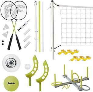 Franklin Sports Fun 5 Combo Outdoor Game Set - Backyard, Beach + Camping Games for Kids - Badminton, Volleyball, Flip Toss, Flying Disc - Horseshoes or Ring Toss