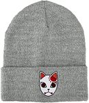 Demon Slayer Tanjiro Fox Mask Athletic Heather Skull Knitted Embroidered Cuffed Winter Beanie