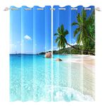 Renaiss Seaside Window Curtains Sunny Beach Ocean Waves Coconut Palm Window Treatments Blue Sky Seawater Blackout Drapes for Man Woman Bedroom Living Room Decoration Home Decor 53x63 Inches x 2 Panels