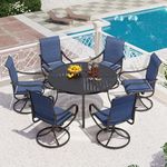 PHI VILLA 7 Piece Outdoor Patio Dining Set with 6 Padded Swivel Dining Chairs & 1 Large Round Dining Table, All Weather Dining Furniture Set for Lawn Garden (Blue)