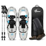 Odoland 4-in-1 Snowshoes Snow Shoes for Men and Women with Trekking Poles, Carrying Tote Bag and Waterproof Snow Leg Gaiters, Lightweight Snow Shoes Aluminum Alloy, White, Size 21''