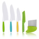 AKlamater 5PCS Kitchen Safety Knives for Kids, Children's Cooking Knives in 4 Sizes, Plastic Cutting Board Grip Serrated Edges for Vegetables Fruits Salad Cake(Green)