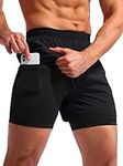 Pudolla Men’s 2 in 1 Running Shorts 5" Quick Dry Gym Athletic Workout Shorts for Men with Phone Pockets, Black, Medium