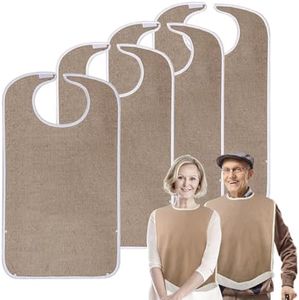 Pozico 4 Pack Adult Bibs for Eating, Reusable Washable Adjustable Adult Bibs, Absorbent Front, Waterproof Back, Easy to Clean with Crumb Catcher, Unisex Elderly Seniors Clothing Protector Brown