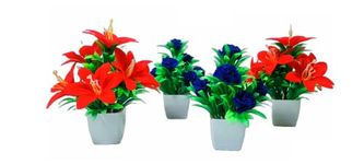 AFQ Artificial 2 RED Moon Flowers & 2 Blue Rose for Home/Office/Table/Bathroom/Greenery Room/Computer Table/Study Room/Decoration Artificial Plant Flowers & Pot with (4 Piece)