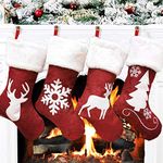 Dremisland Large Christmas Stocking Set of 4, 18 Inch Red Christmas Stockings with Reindeer and Plush Faux Fur Cuff Hanging Stockings for Family Holiday Xmas Party Decorations