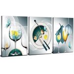 Teal Grey Wine Glass Wall Art for Kitchen Dining Room Bar Wall Decor Turquoise Abstract Geometric Goblet Cups Canvas Pictures Poster Kitchenware Paintings Modern Artwork Home Decorations 12x16” 3 Pcs