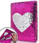 Reversible Sequin Notebook for Girls, 8.5 x 5.5 Inches 160 Lined Pages Kids Journal for Girls Diary Pink Flip Sequin Heart Notebook for Teenager Birthday Gifts for Girls and Boys 5 6 7 8 9 10