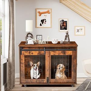 2 Rooms Dog Crate Furniture with Movable Divider,39" Wooden Dog Crate Table,Wooden Dog Kennel Pet House Cage,Flip Top 39.37”Wx25.2”Dx28.94”H