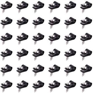 Swpeet 60 Pack Black 1/4 Inch Nylon Plastic R-Type Cable Clips Clamp Kit, Nylon Screw Mounting Cord Fastener Clips with 60 Pack Screws for Wire Management