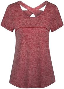 Kimmery Polyester Shirts for Women,Lightweight Healthy Top Summer Short Sleeve Crew Neck Workouts Park Picnic Holiday Lounging Purple Red Medium