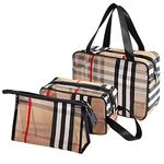 Portable Stripe Clear Toiletries Bag, Waterproof Toiletry Travel Bag,3 Pack PVC Travel Storage Carry Pouch for Travel Bathroom Men and Women(Grid)