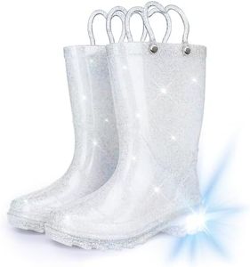 Funspread Toddler Rain Boots Girls Rain Boots - Glitter Light Up Kids Rain Boots with Easy-On Handles Lightwight Waterproof Rain Shoes Glitter White Size 12